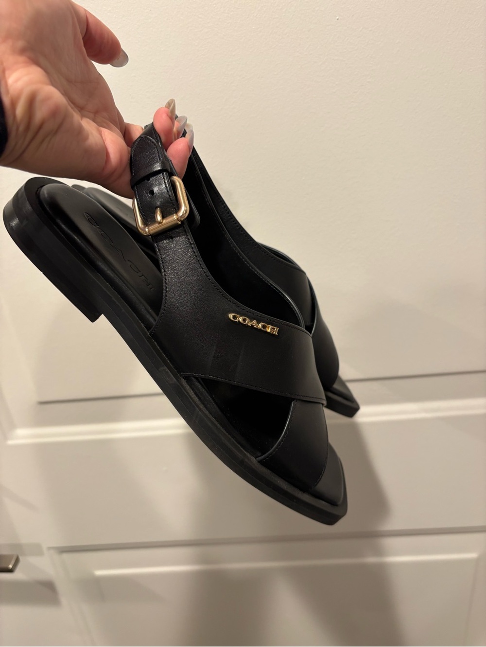 Coach Black Leather Crisscross Slingback Sandals with Gold Logo Size 8.5